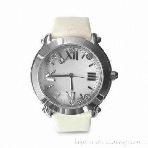 Ladies' Stainless Steel Watch with Genuine Leather Band, CE and RoHS Marks